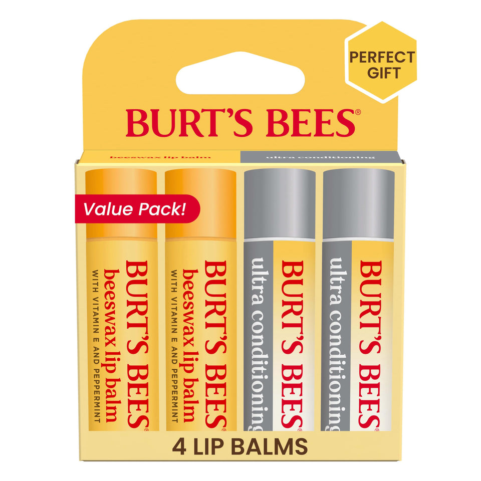 Burt's Bees front packaging showing four tubes and product benefits