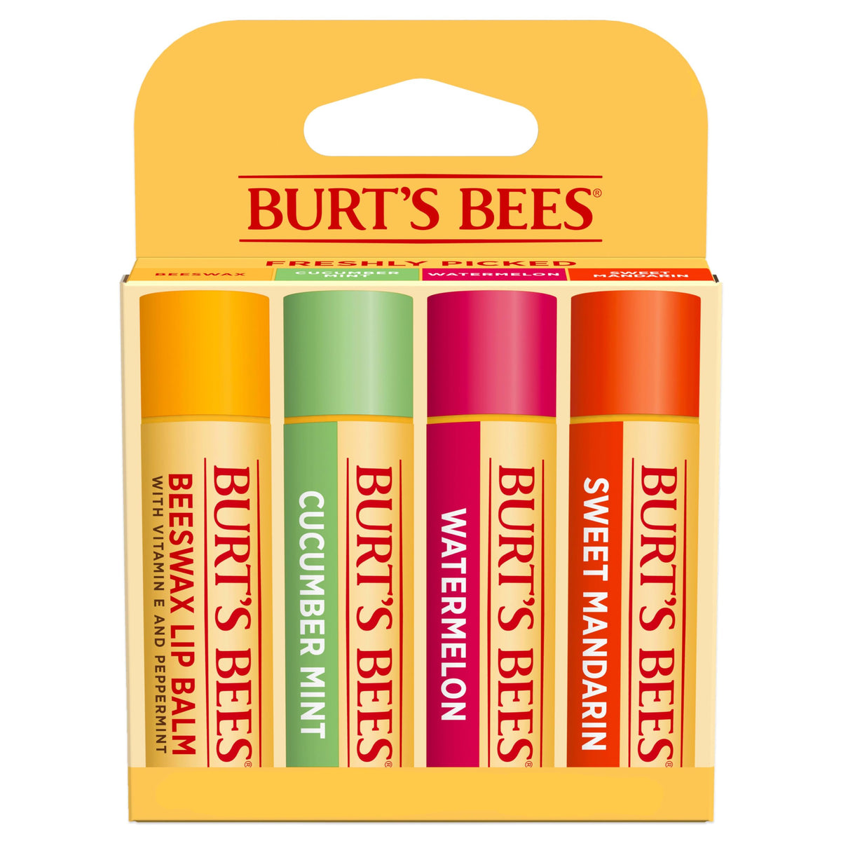Burt's Bees front packaging showing four flavored lip balm tubes for easy selection