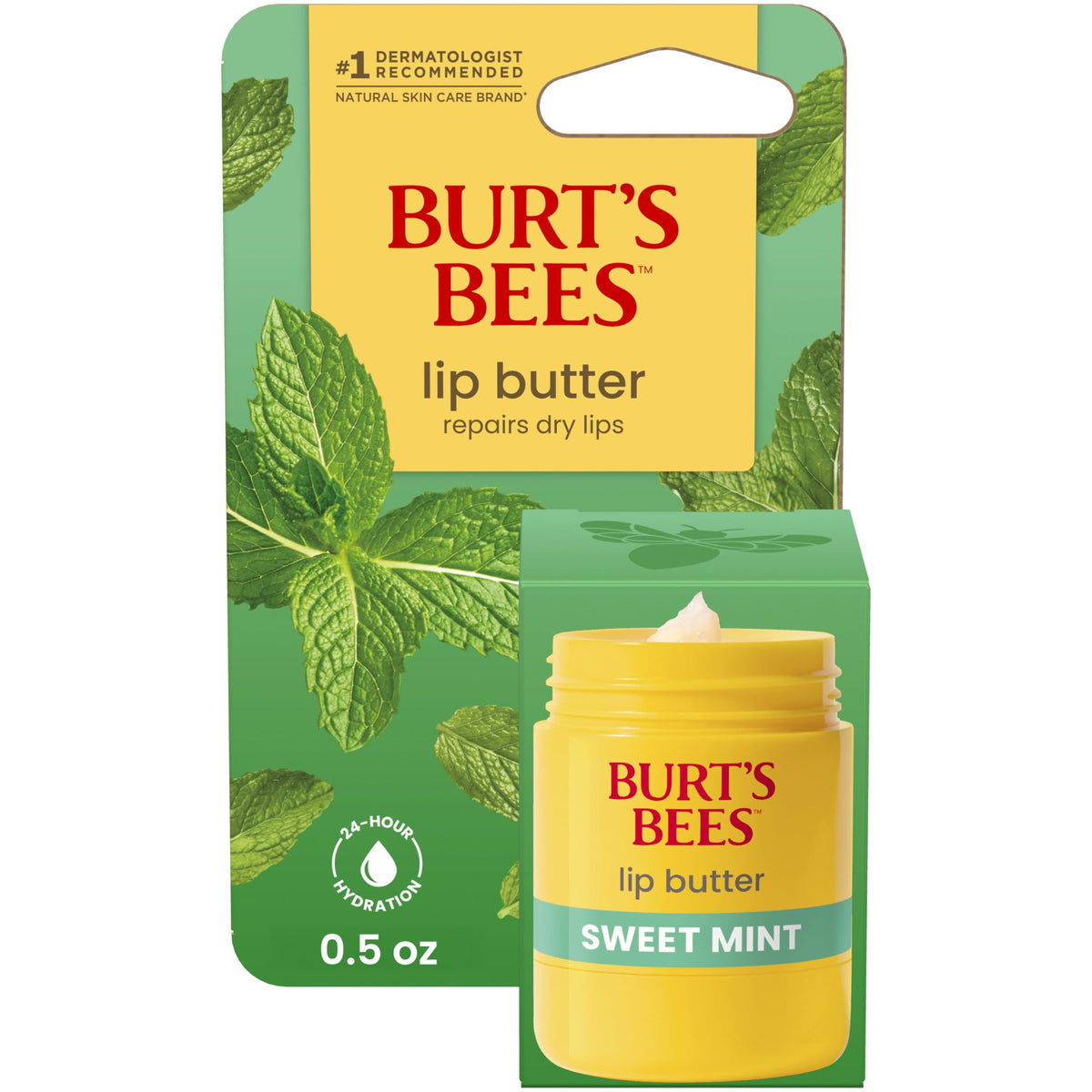 Burt's Bees front twist-up dispenser showing product and easy application benefit