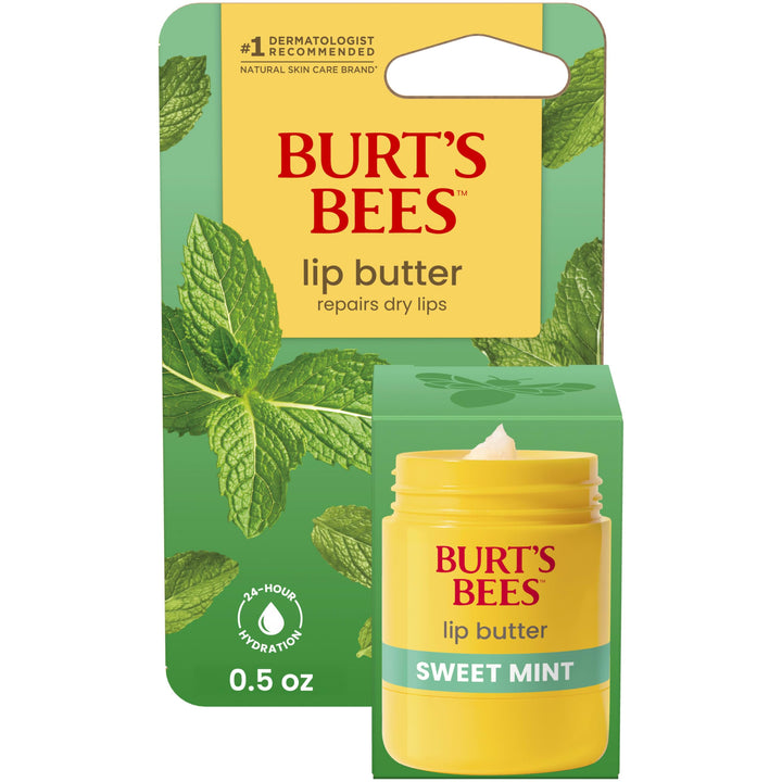 Burt's Bees front twist-up dispenser showing product and easy application benefit
