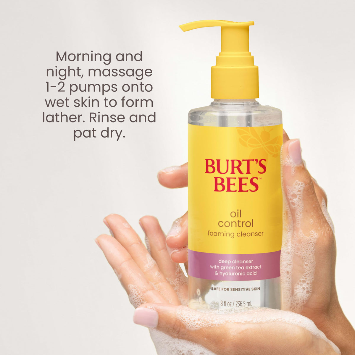 Burt's Bees gel-to-foam texture on palm showing gentle foaming action and cleanup benefit
