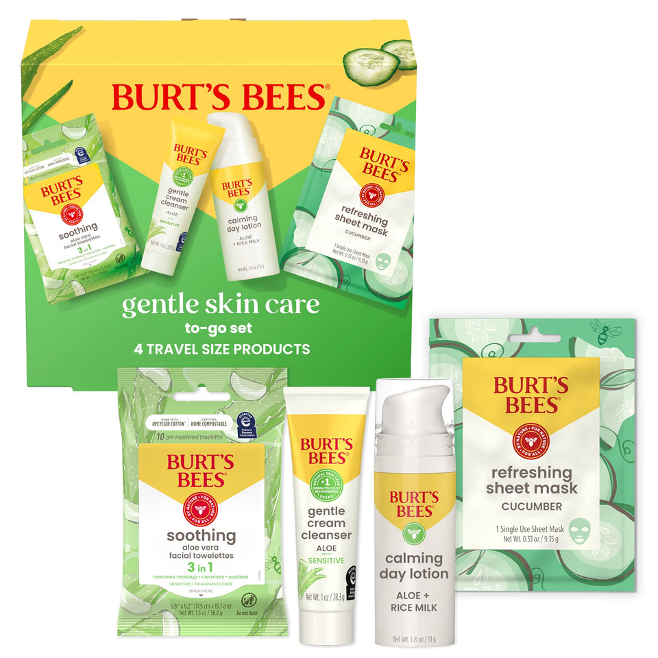Burt's Bees gentle set front packaging showing all travel-size products and benefits