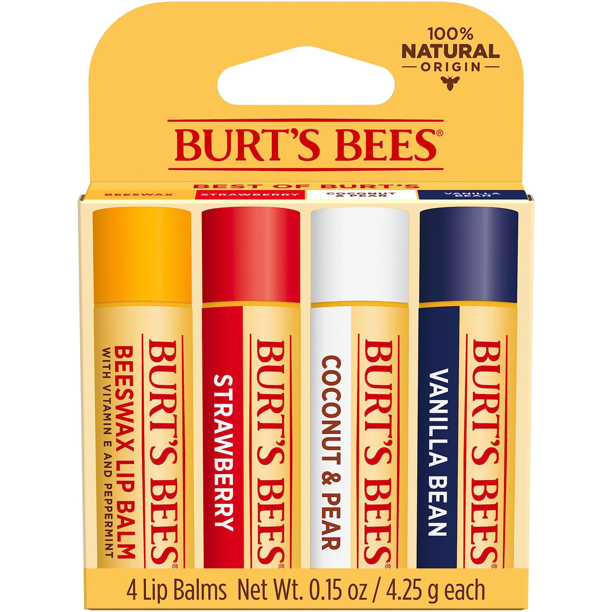 Burt's Bees group of tubes on wooden table showing natural-ingredient appeal benefit