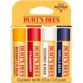 Burt's Bees group of tubes on wooden table showing natural-ingredient appeal benefit