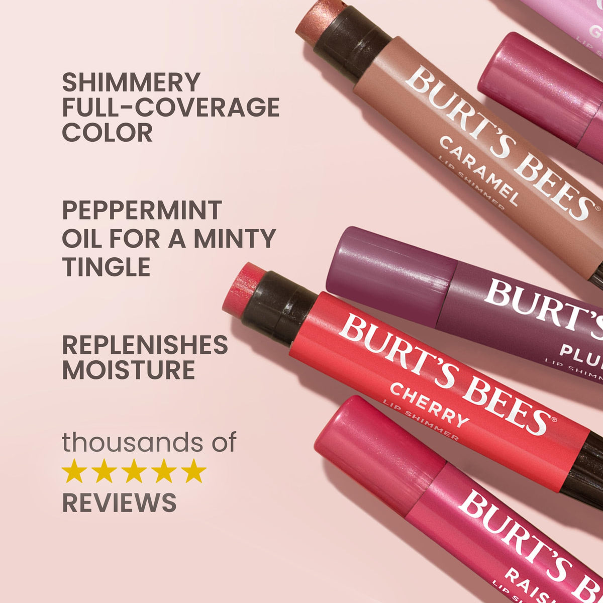 Burt's Bees close-up of shimmer particles delivering glowy finish