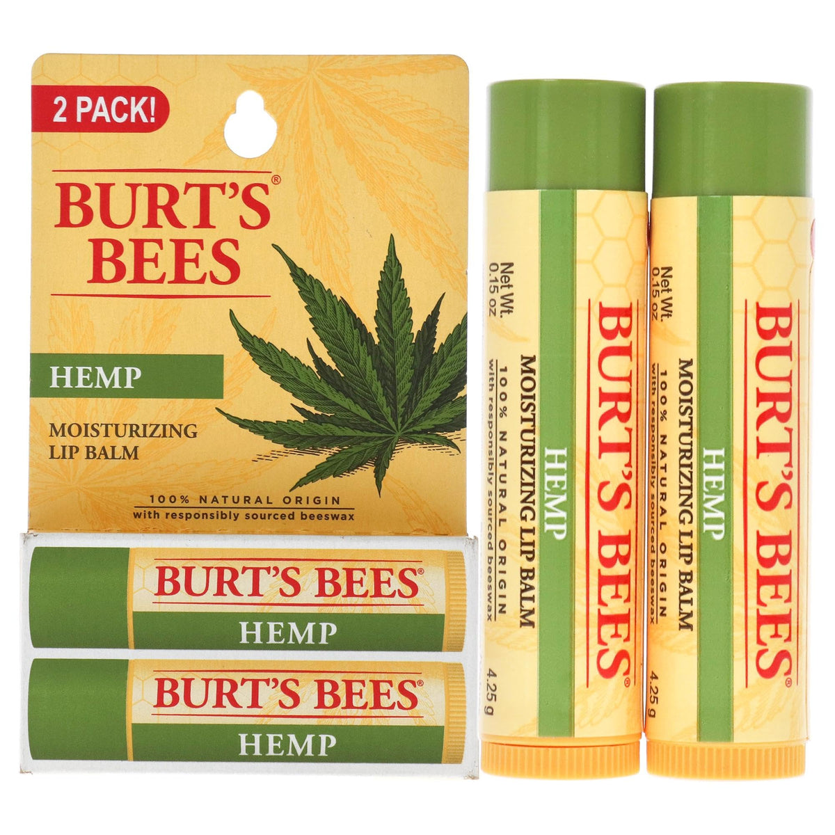 Burt's Bees front packaging showing hemp lip balm and 2 oz size for everyday hydration