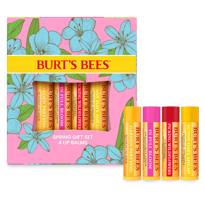 Burt's Bees pack front displaying four lip balm tubes, ideal gift presentation