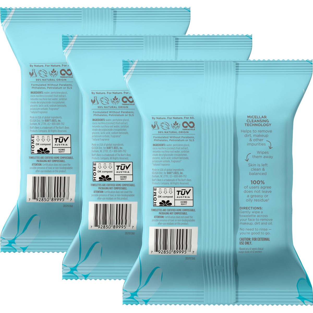 Burt's Bees coconut and lotus water ingredients conveying hydration benefit