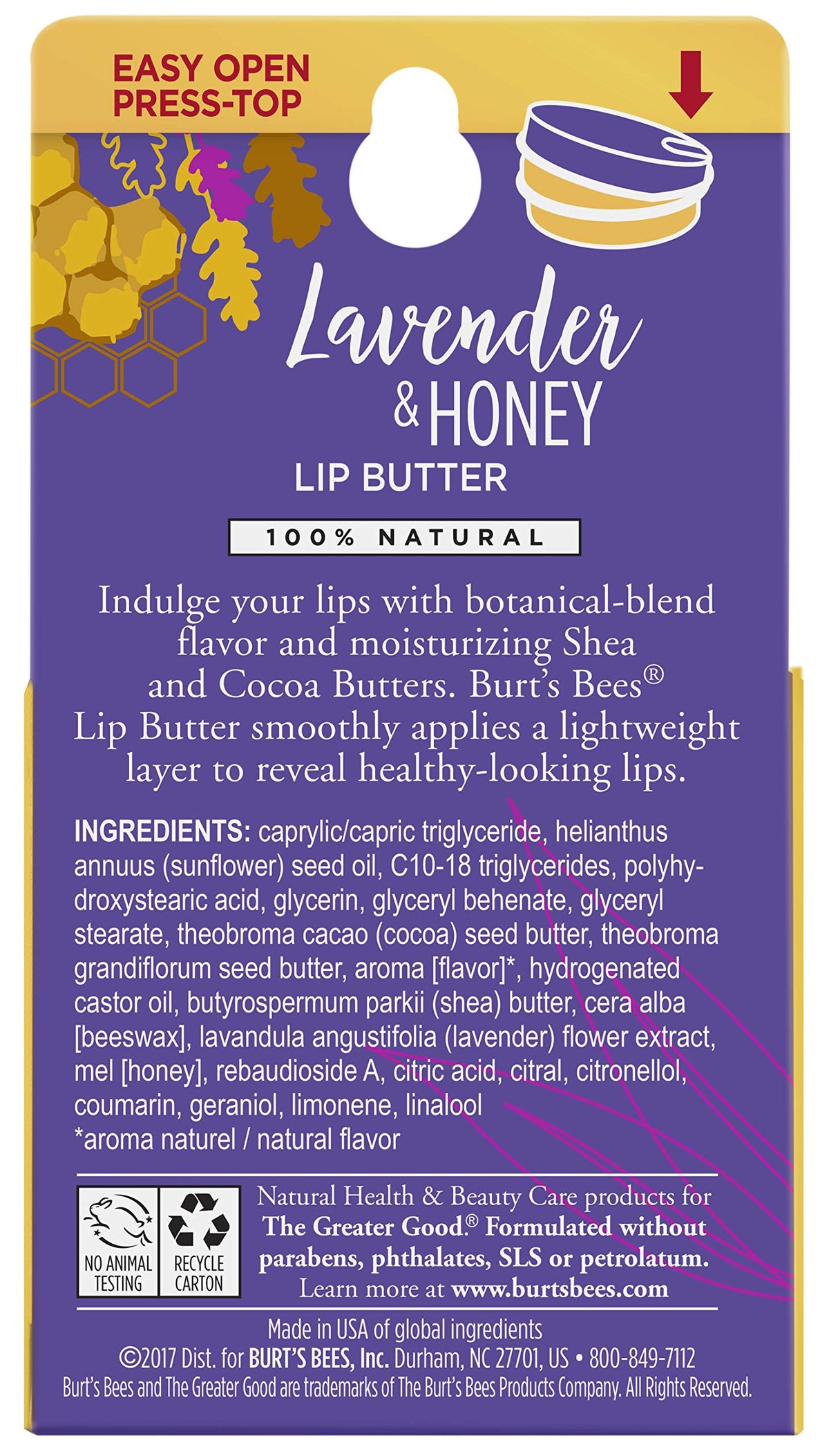 Burt's Bees ingredients label clear view confirming natural-origin components