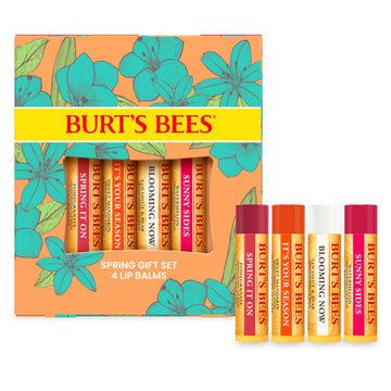 Burt's Bees front packaging showing four lip balm tubes and gift-ready presentation