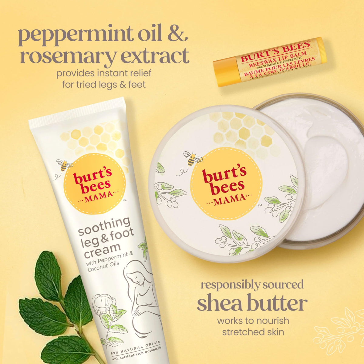 Burt's Bees leg and foot cream tube label visible for soothing relief