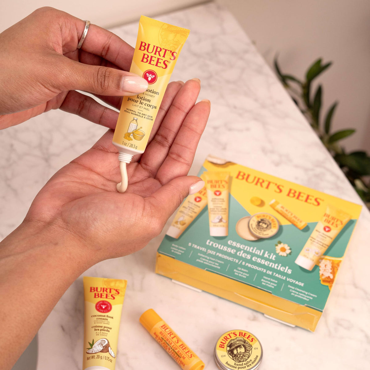 Burt's Bees products styled in a bathroom shelf setting conveying everyday ritual use