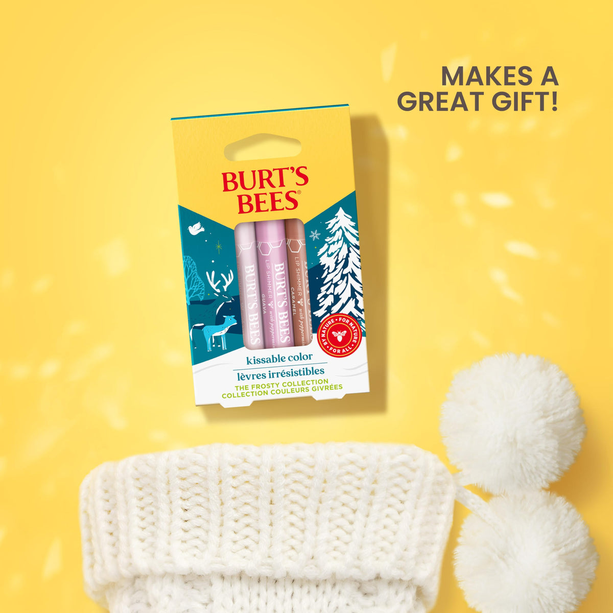 Burt's Bees three lip shimmer tubes displayed for shade comparison benefit