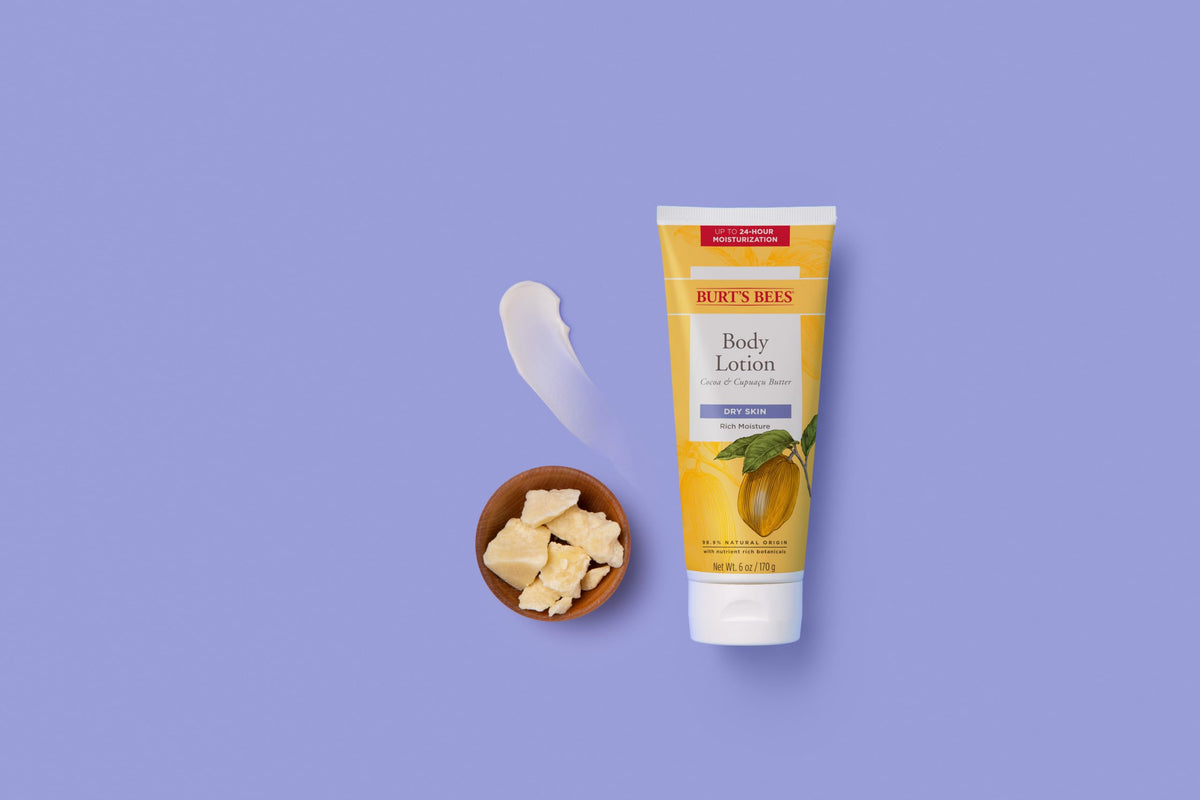 Burt's Bees lotion texture close-up demonstrating creamy absorption