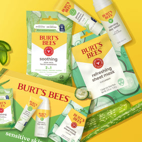 Burt's Bees sheet mask in use on face providing instant, mess-free hydration