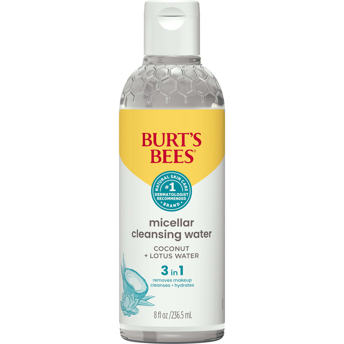 Burt's Bees front packaging showing bottle and brand benefits