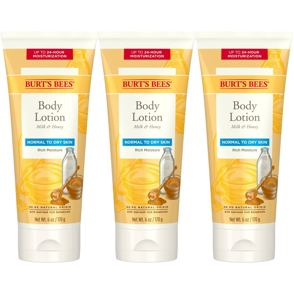 Burt's Bees front packaging showing milk and honey scent and 6 oz size benefit: clear product ID