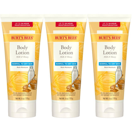 Burt's Bees front packaging showing milk and honey scent and 6 oz size benefit: clear product ID