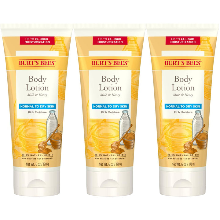 Burt's Bees front packaging showing milk and honey scent and 6 oz size benefit: clear product ID