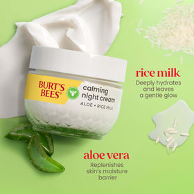 Burt's Bees cream applied to cheek showing soothing overnight comfort