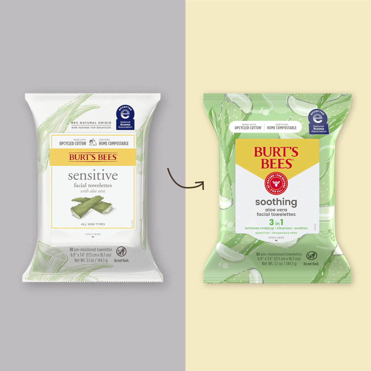 Burt's Bees open pouch with a single wipe pulled out for quick use