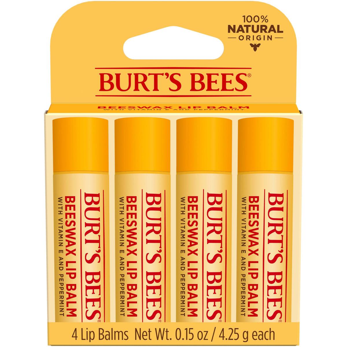 Burt's Bees front packaging showing original beeswax and peppermint benefit