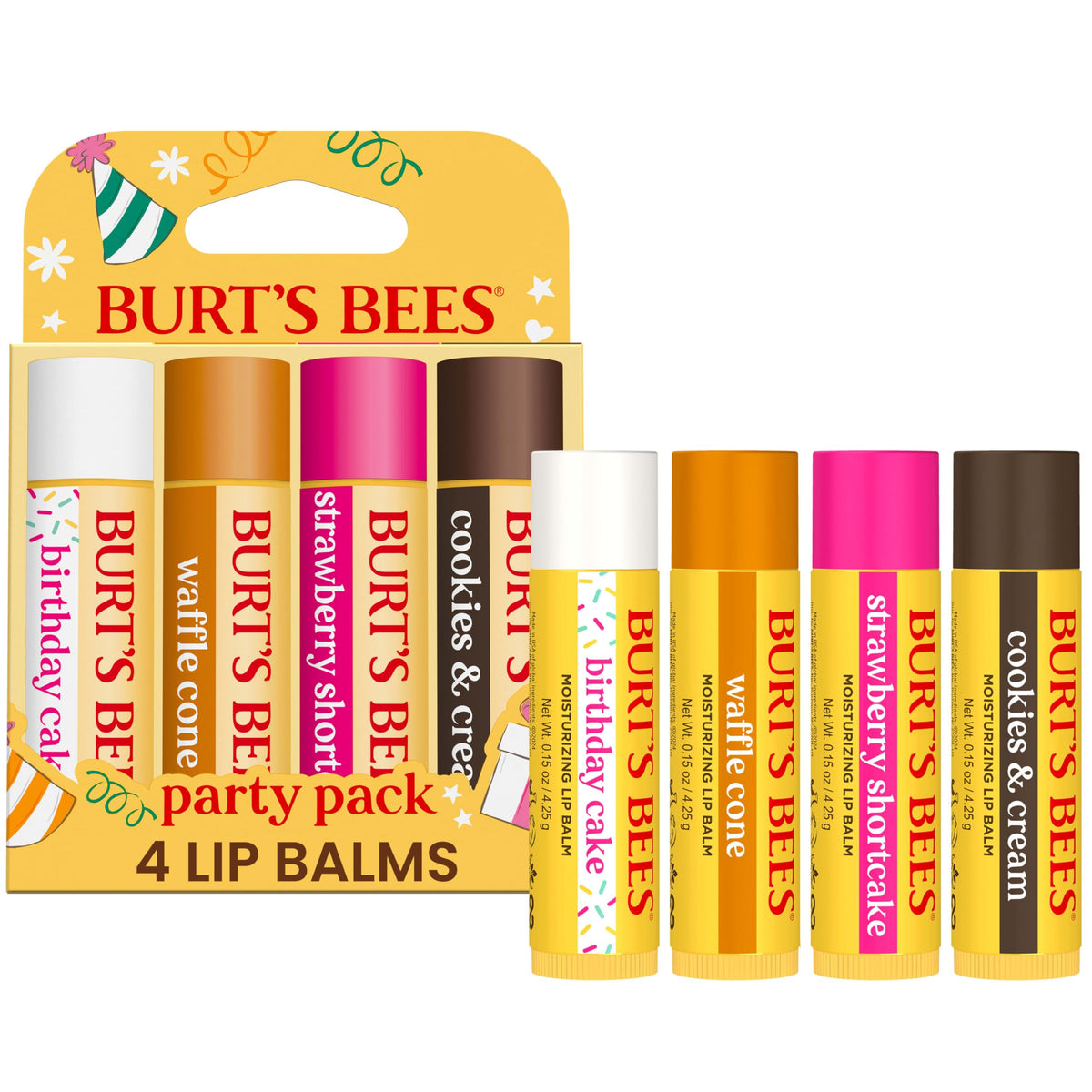 Burt's Bees party pack front packaging showing four tubes and festive box, perfect gift