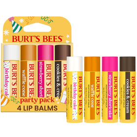 Burt's Bees party pack front packaging showing four tubes and festive box, perfect gift