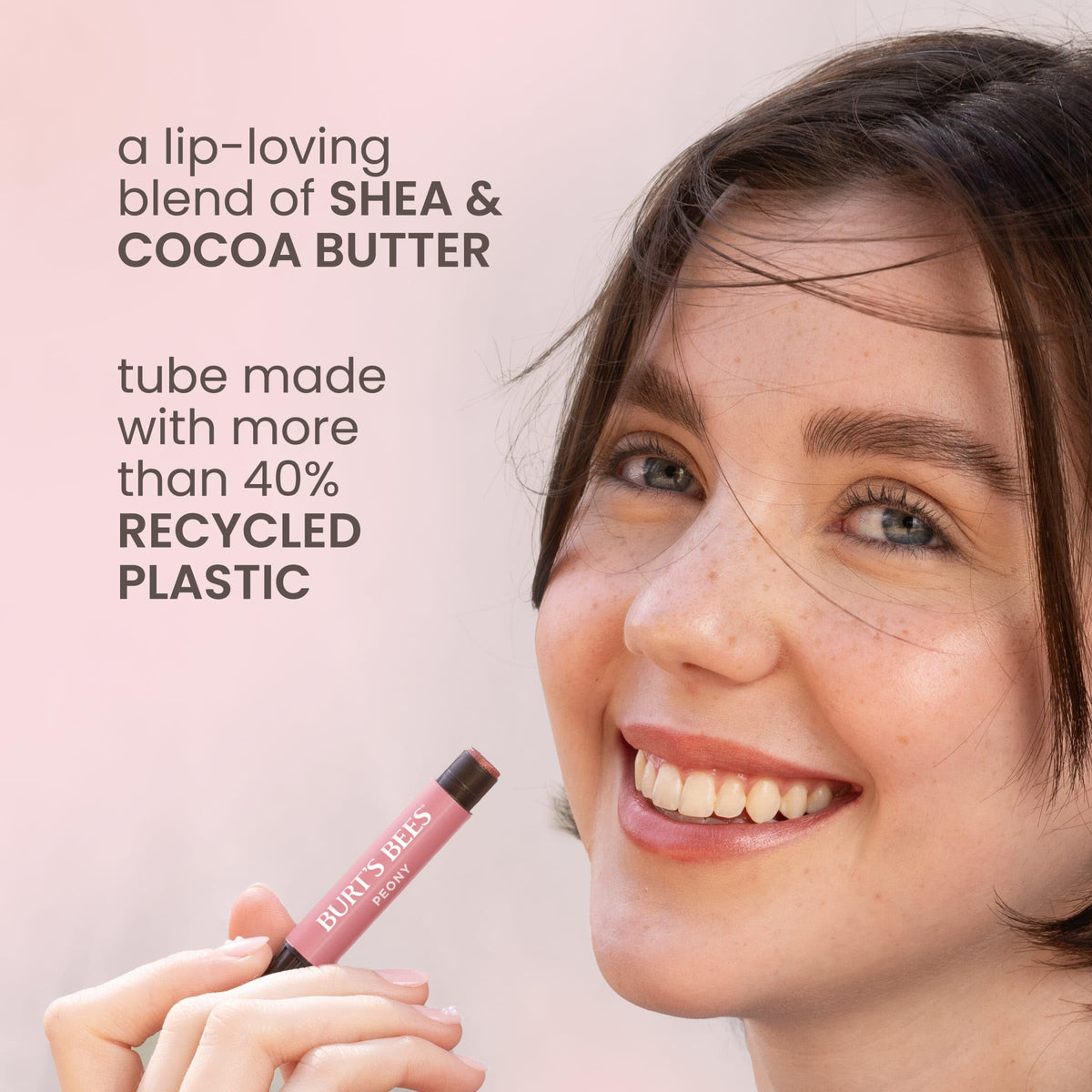 Burt's Bees lifestyle model wearing peony tint for natural glow