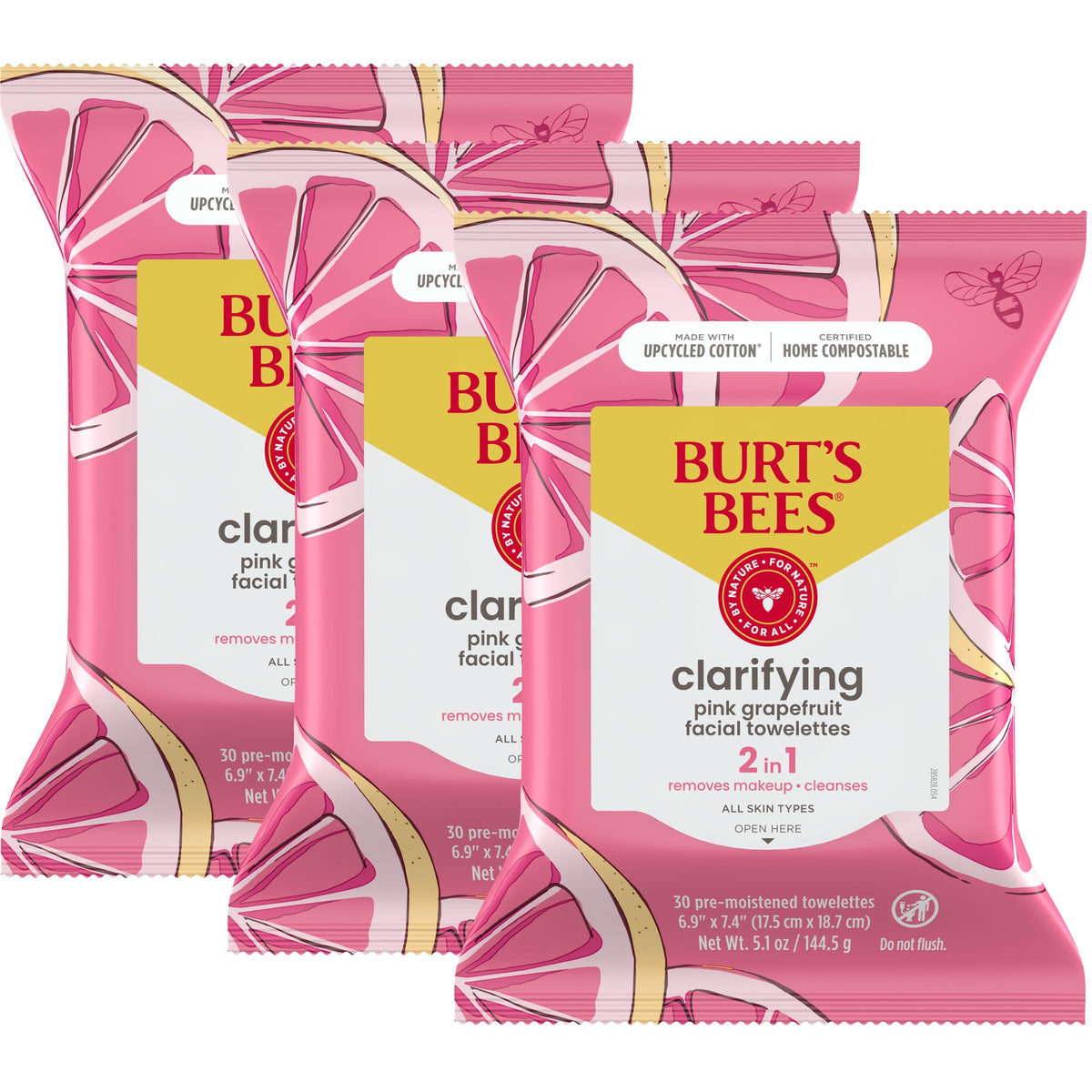 Burt's Bees front packaging showing pink grapefruit wipes and 30-count, convenient refresh