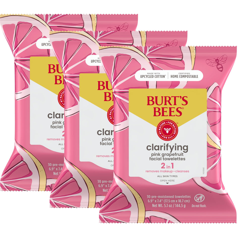 Burt's Bees front packaging showing pink grapefruit wipes and 30-count, convenient refresh