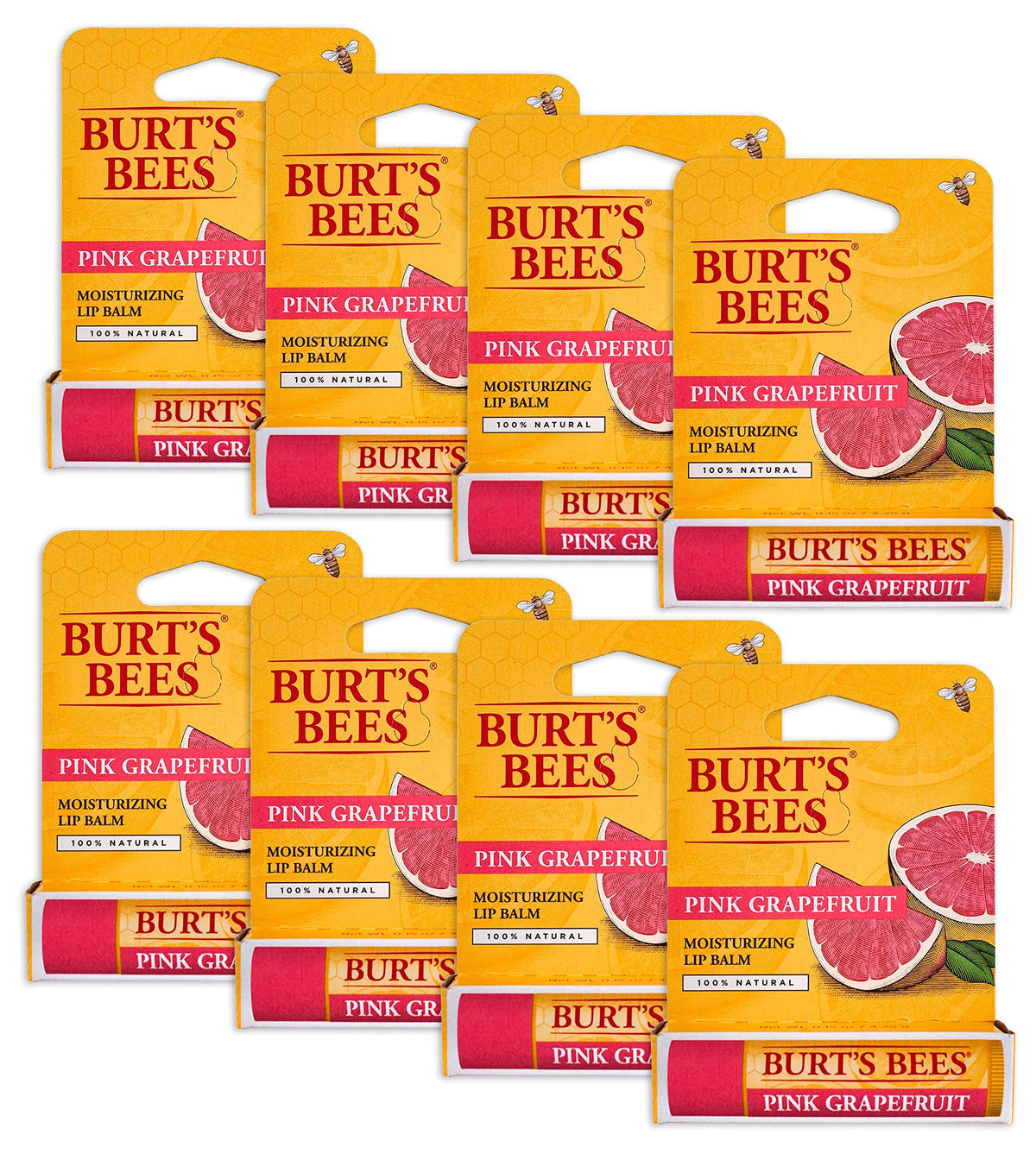 Burt's Bees pink grapefruit lip balm front view showing label and tube for easy identification