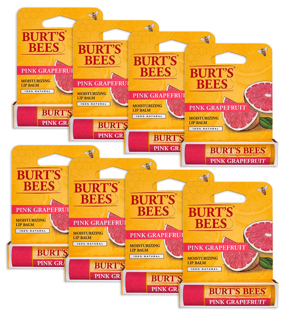 Burt's Bees pink grapefruit lip balm front view showing label and tube for easy identification