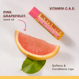 Burt's Bees pink grapefruit close-up of ingredients label showing natural oil and beeswax blend