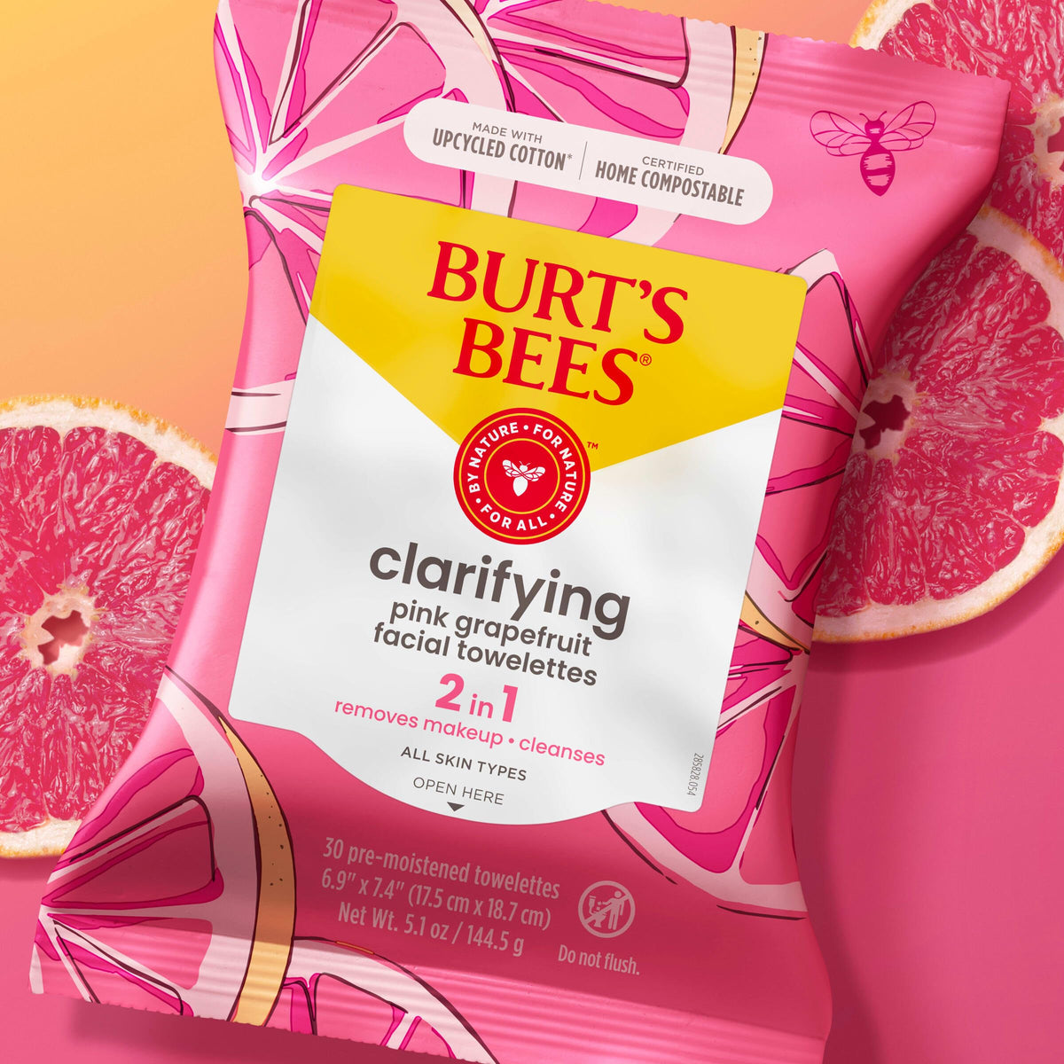 Three-pack display of Burt's Bees pink grapefruit towelettes showing value and pantry-ready storage
