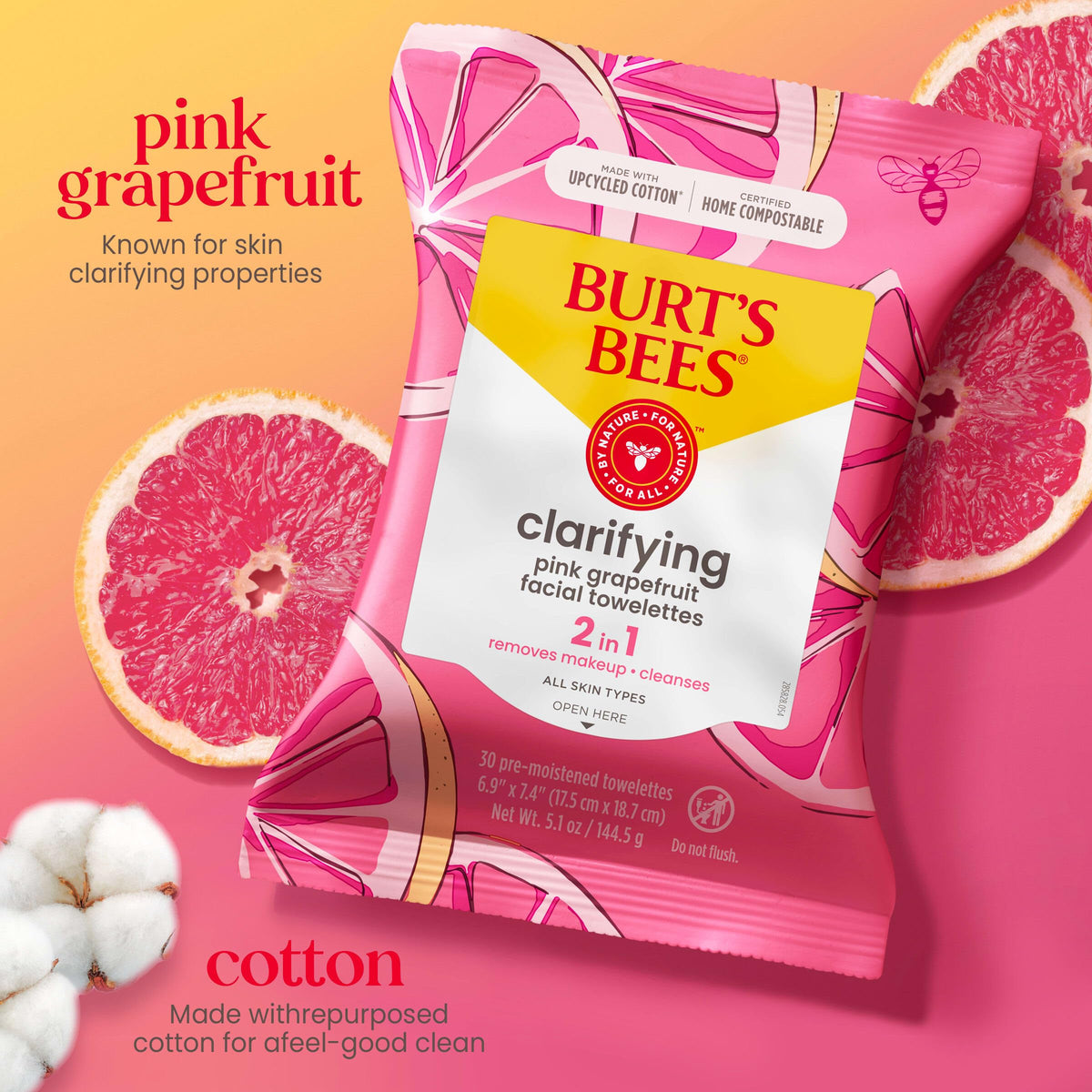 Close-up of Burt's Bees wipe texture highlighting upcycled cotton fibers for gentle cleansing