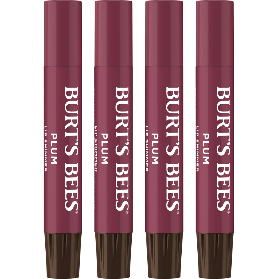 Burt's Bees plum pack front showing four shimmer lip tint sticks for convenient gifting