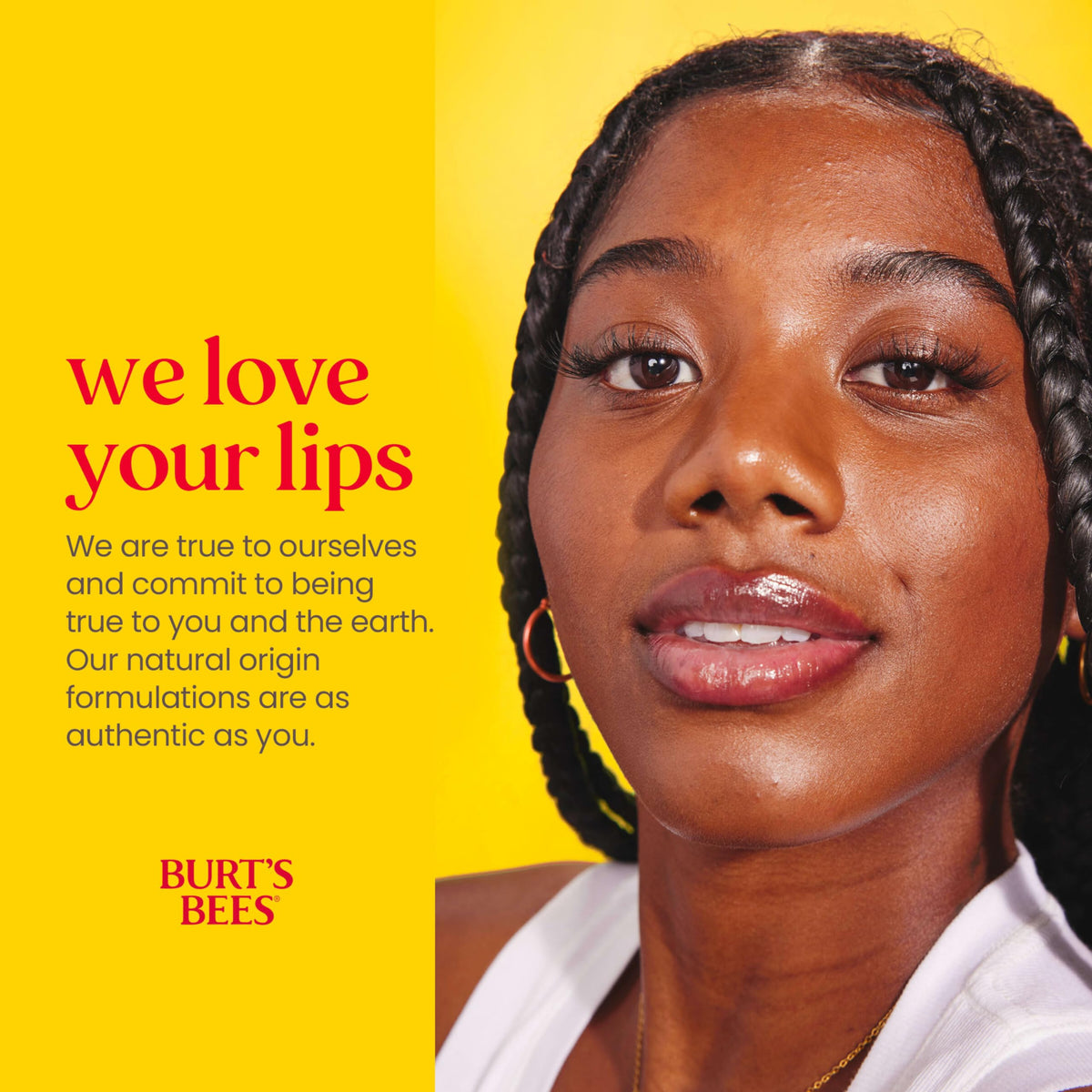 Burt's Bees Pomegranate applied to lips showing natural hydration and matte finish