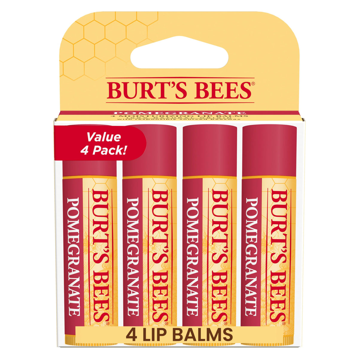 Burt's Bees front packaging showing four pomegranate balm tubes and benefits