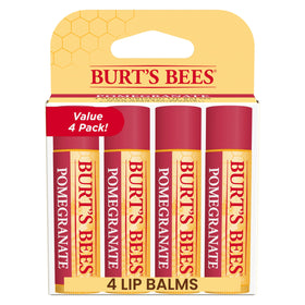 Burt's Bees front packaging showing four pomegranate balm tubes and benefits