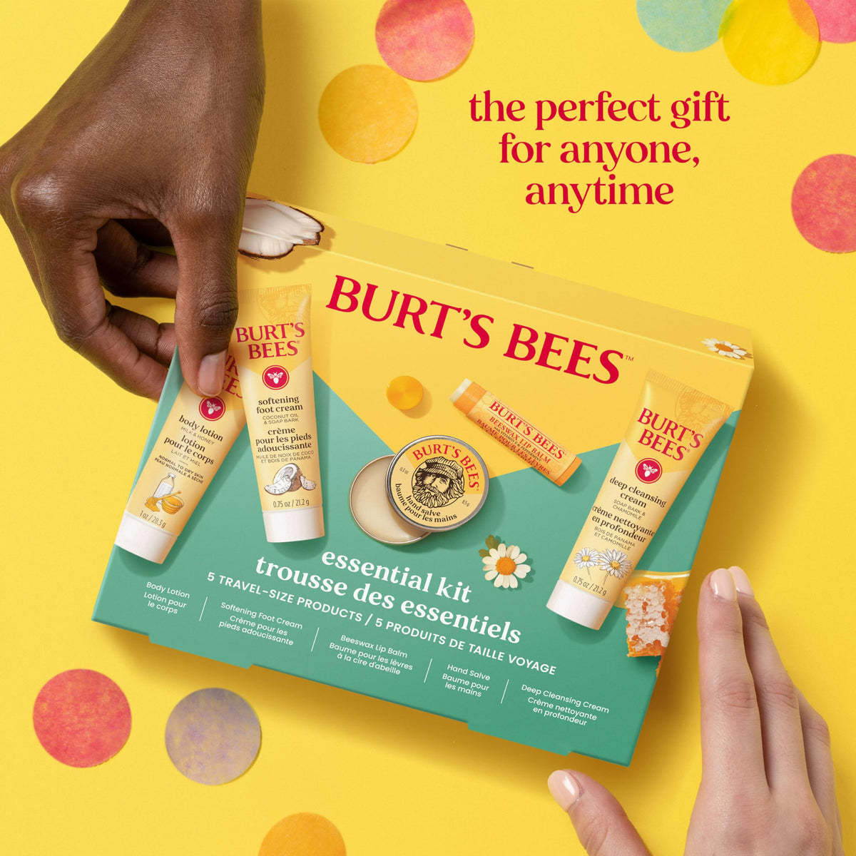 Burt's Bees five products arranged inside a travel pouch for on-the-go convenience