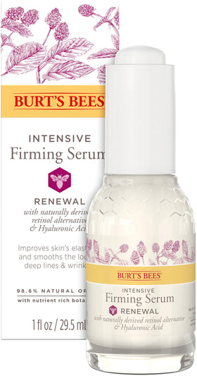 Burt's Bees bottle front view showing renewal firming serum benefit firming