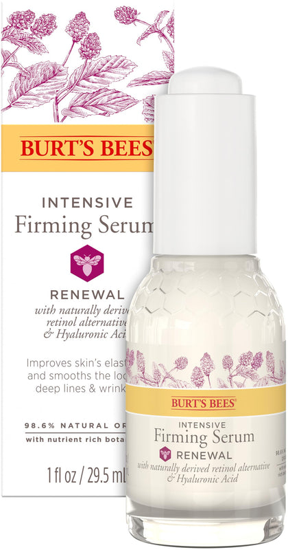 Burt's Bees bottle front view showing renewal firming serum benefit firming