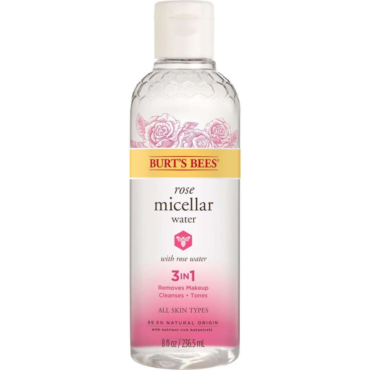 Burt's Bees front packaging of rose micellar water removes makeup and hydrates skin