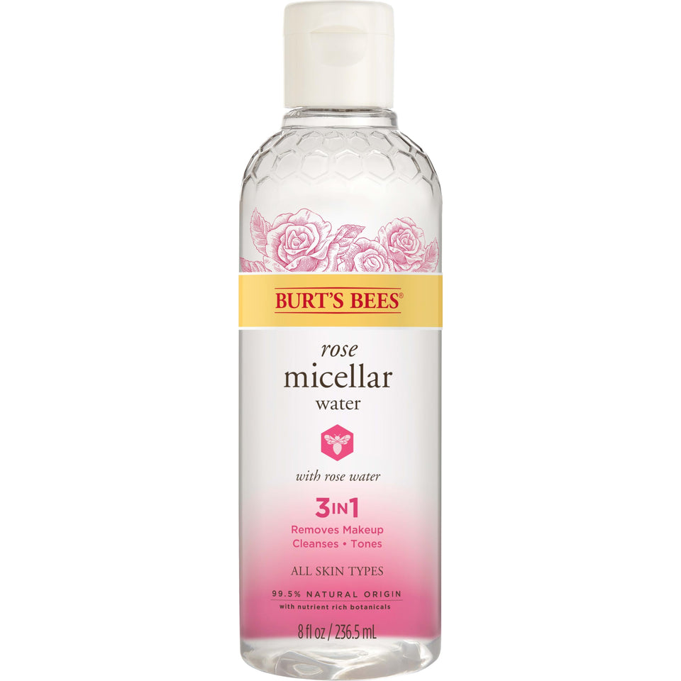 Burt's Bees front packaging of rose micellar water removes makeup and hydrates skin