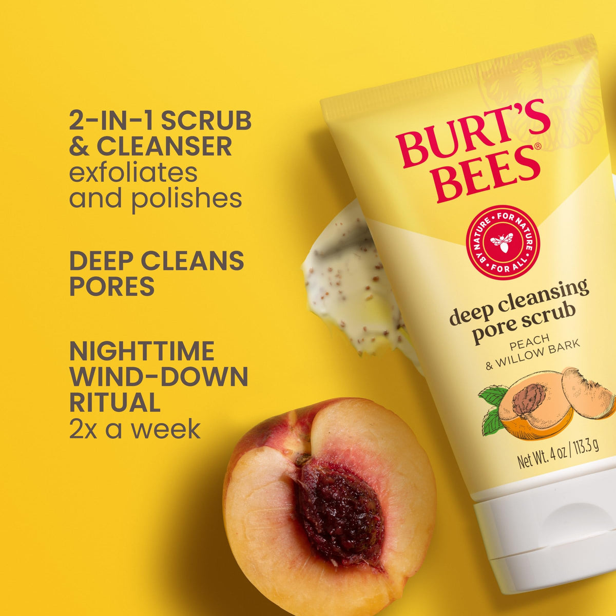Burt's Bees scrub texture with peach stone granules for gentle polishing