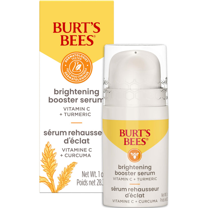 Burt's Bees front packaging showing 1 oz bottle and brightening branding benefit