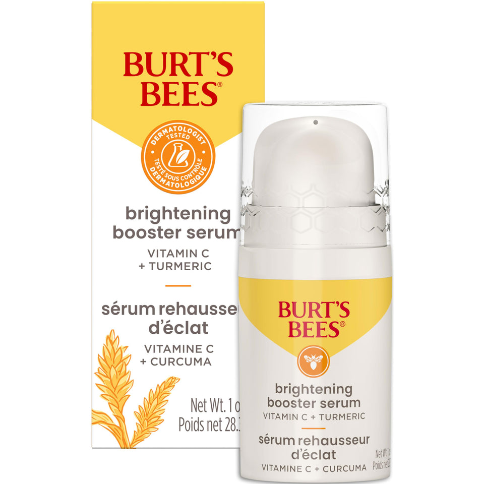 Burt's Bees front packaging showing 1 oz bottle and brightening branding benefit