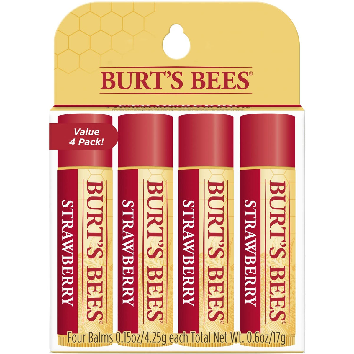 Burt's Bees front view of four strawberry balm tubes showing value pack benefit
