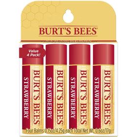 Burt's Bees front view of four strawberry balm tubes showing value pack benefit